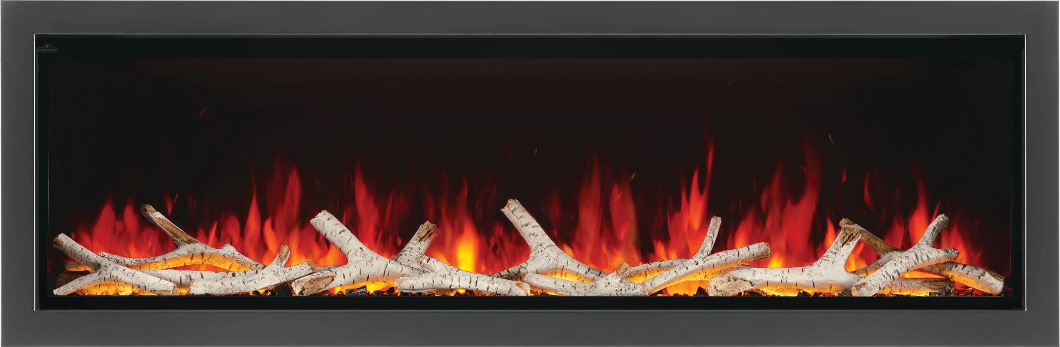 Napoleon Astound 74 built-in electric fireplace with four-sided trim, black crystals and birch logs