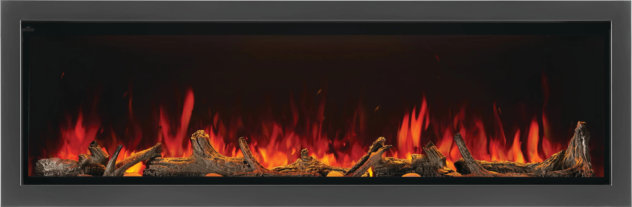 Napoleon Astound 74 built-in electric fireplace with four-sided trim, mineral rocks and driftwood logs