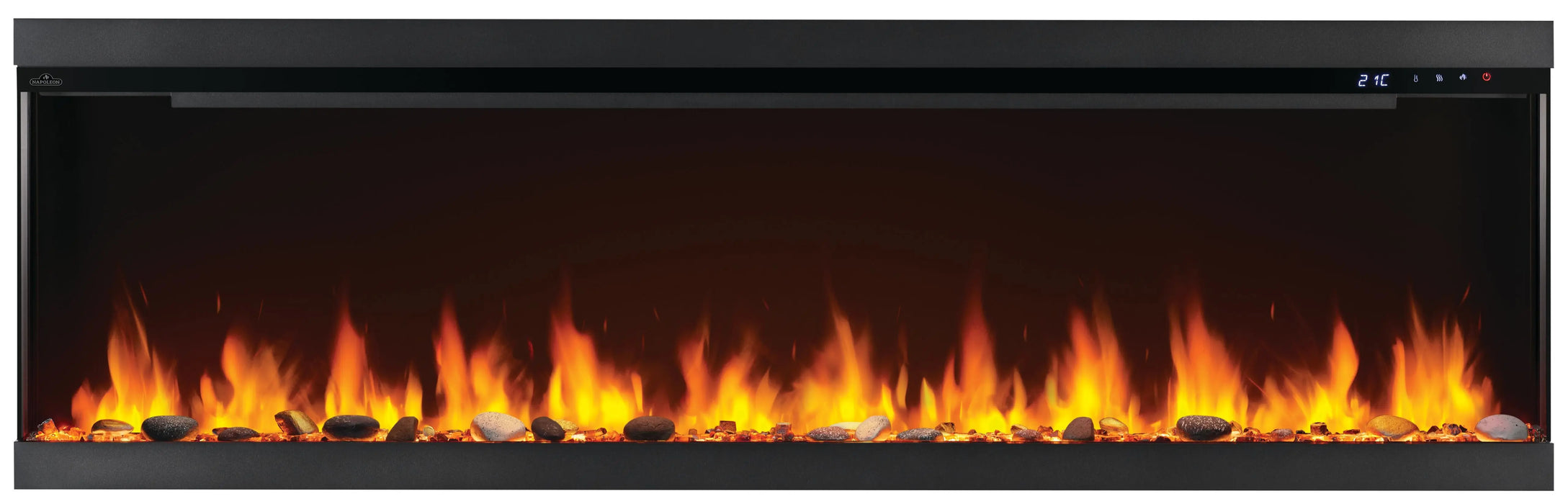 Napoleon Astound 74 FlexMount electric fireplace, front view with woodland logs