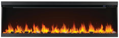 Napoleon Astound 74 FlexMount electric fireplace, front view with woodland logs