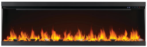 Napoleon Astound 74 FlexMount electric fireplace, front view with woodland logs