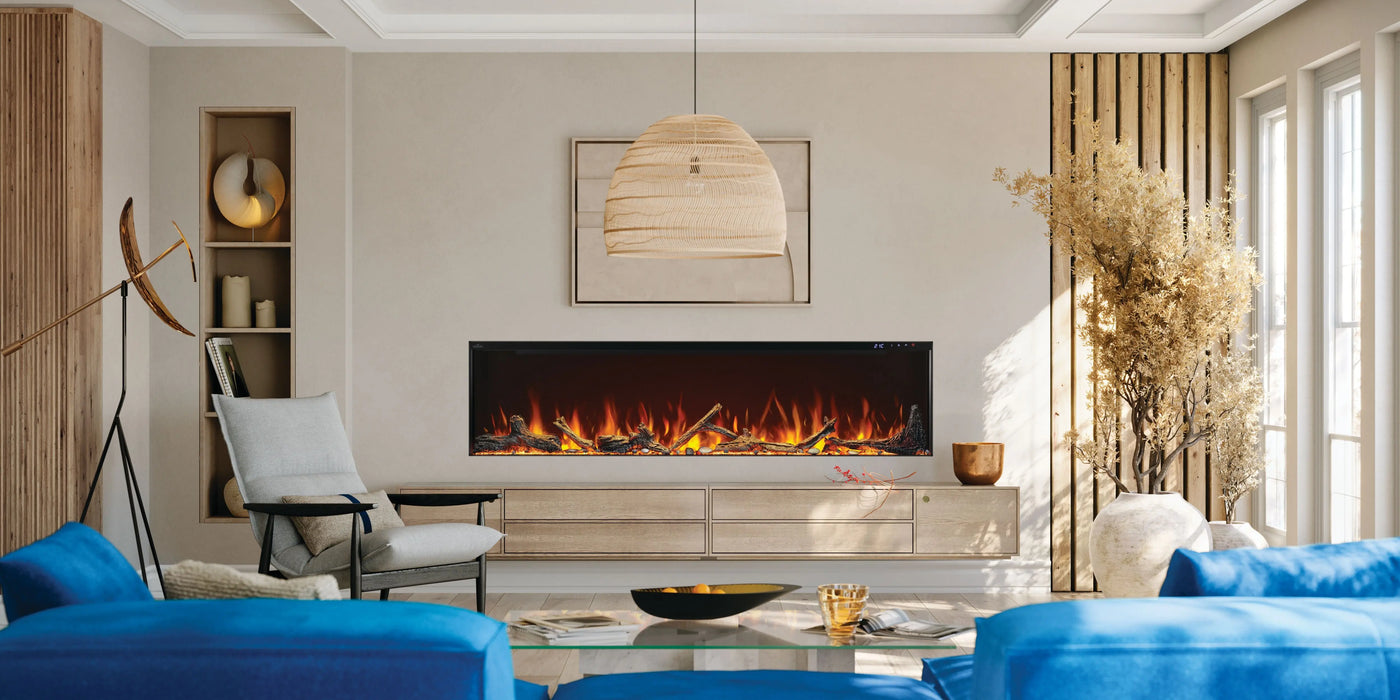 Napoleon Astound 74 FlexMount electric fireplace in a living room