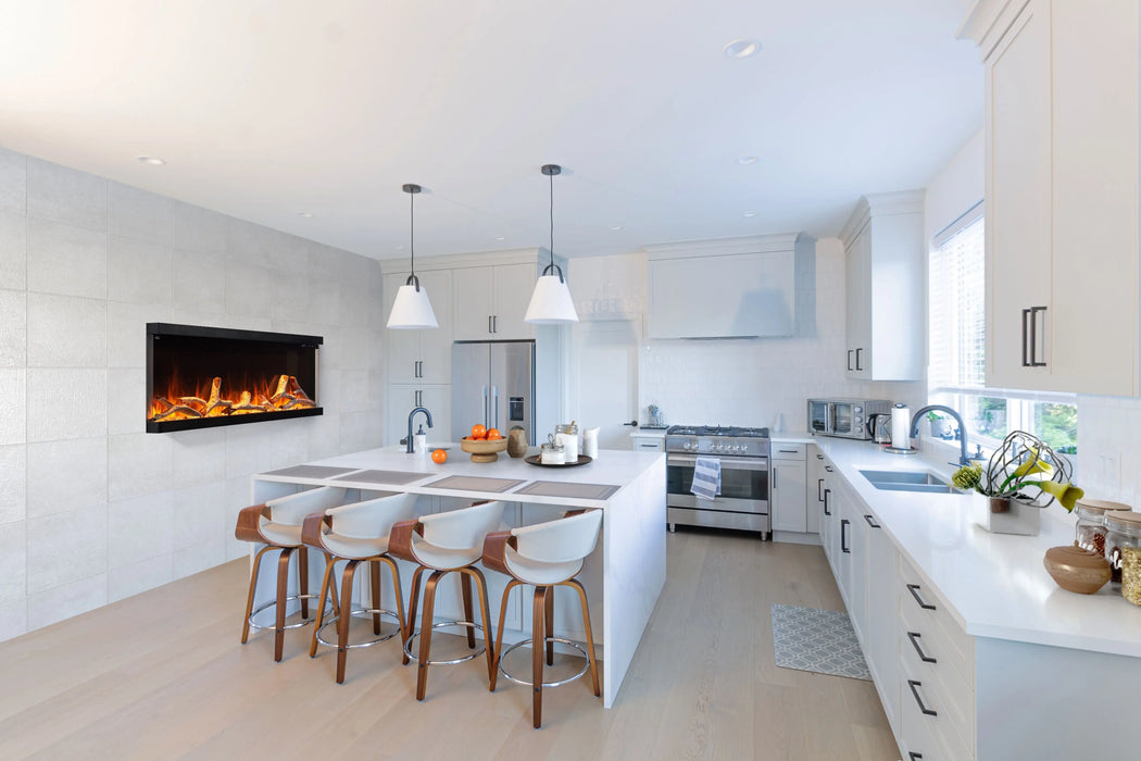 Napoleon Astound 74 FlexMount electric fireplace in a kitchen