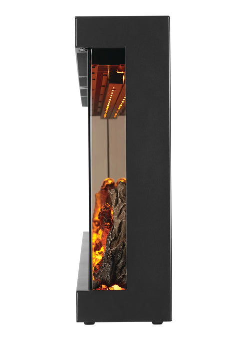 Napoleon Astound 74 FlexMount electric fireplace, side view with beach fire and woodland logs