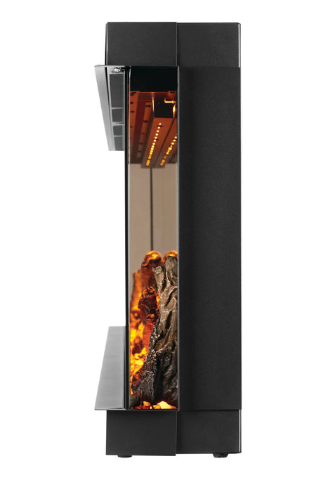 Napoleon Astound 74 FlexMount electric fireplace, side view, partial recess with end panel