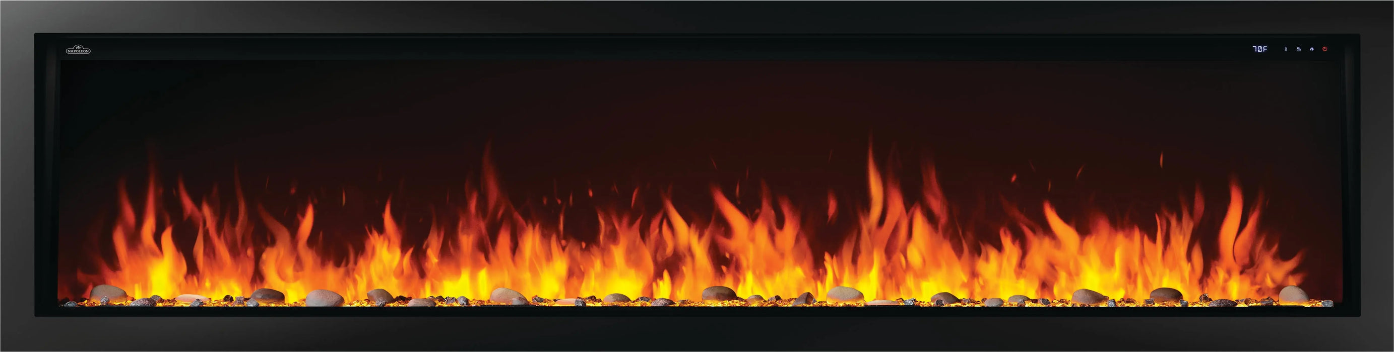 Napoleon Astound 96 built-in electric fireplace, front view with woodland logs