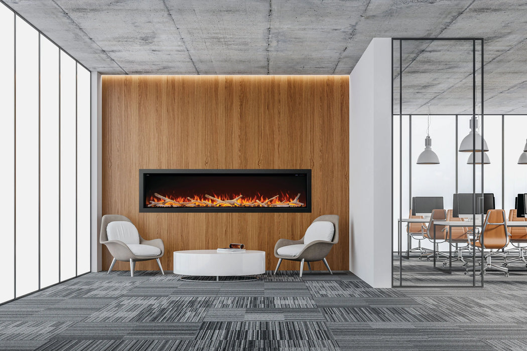 Napoleon Astound 96 built-in electric fireplace in an office with birch logs and black crystals