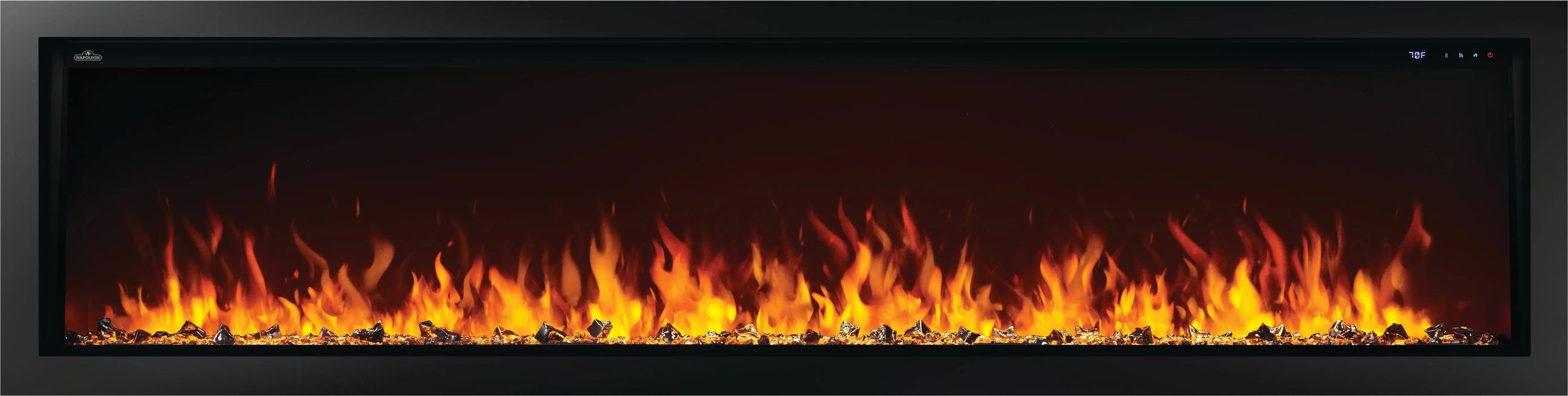 Napoleon Astound 96 built-in electric fireplace, front view with black crystals