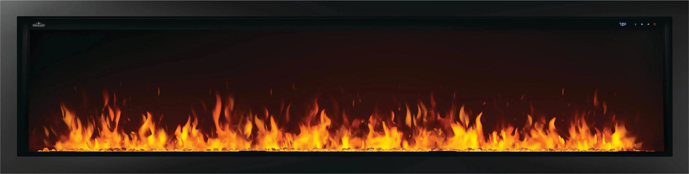 Napoleon Astound 96 built-in electric fireplace, front view with clear glass media