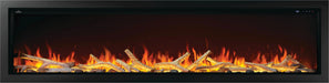 Napoleon Astound 96 built-in electric fireplace, front view with birch logs and mineral rocks