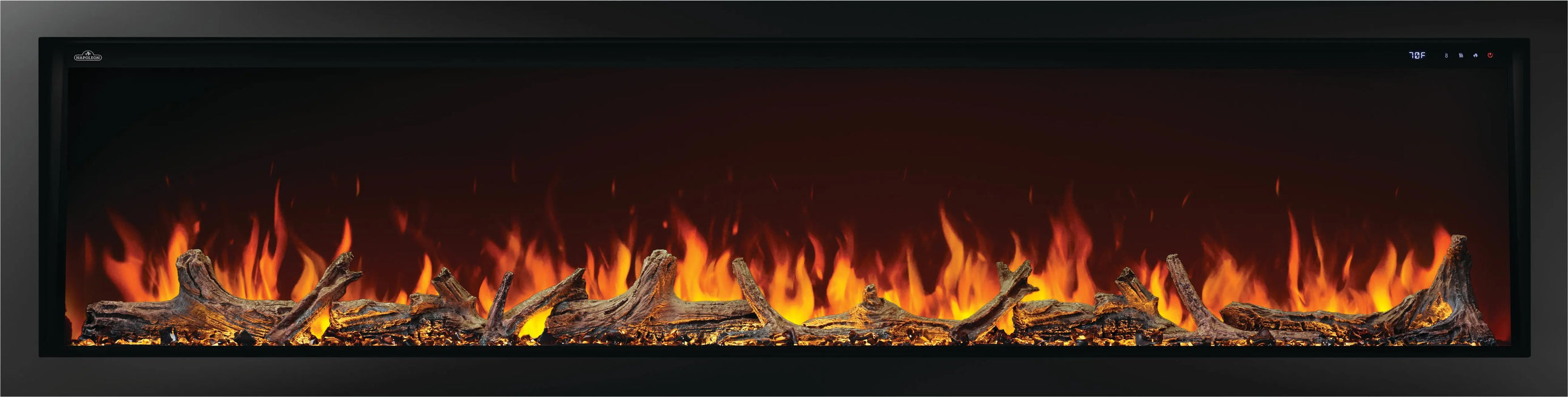 Napoleon Astound 96 built-in electric fireplace, front view with beach fire logs and black crystals