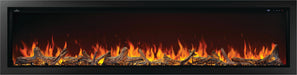 Napoleon Astound 96 built-in electric fireplace, front view with beach fire logs and black crystals