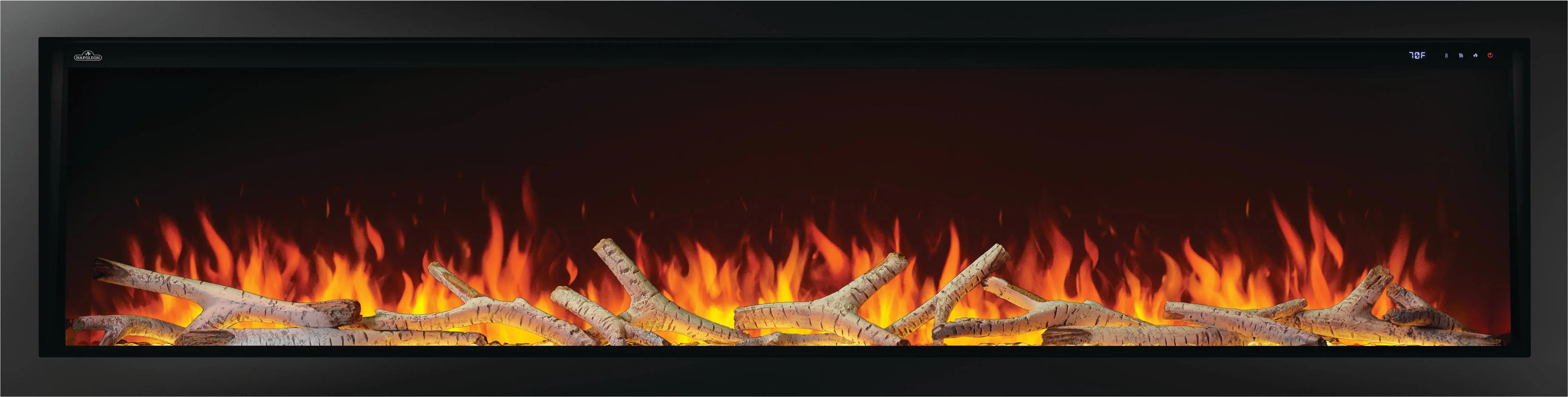 Napoleon Astound 96 built-in electric fireplace, front view with birch logs and clear glass media