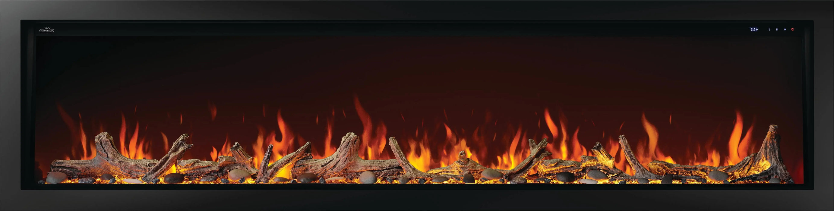 Napoleon Astound 96 built-in electric fireplace, front view with beach fire and woodland logs