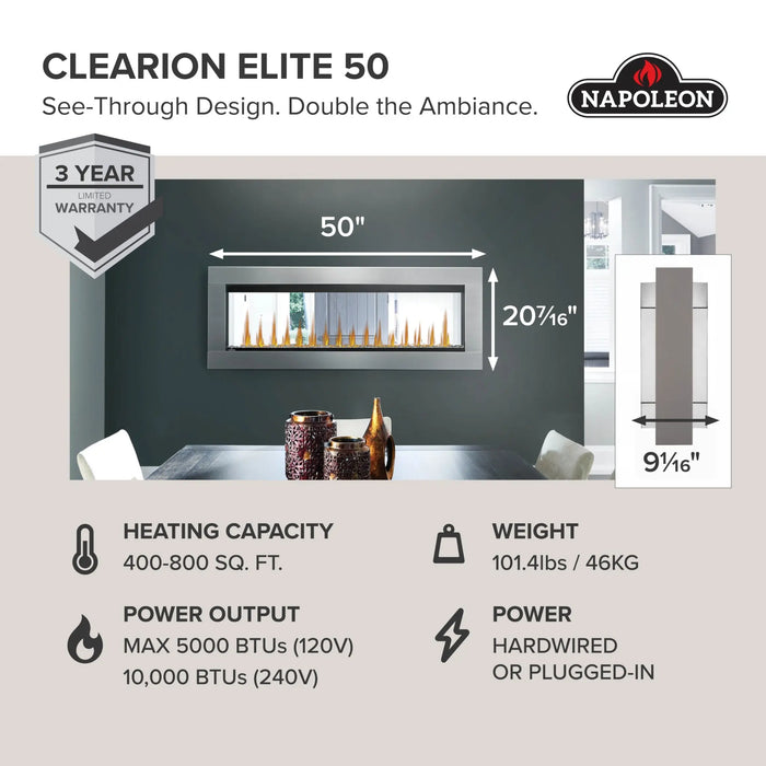 Napoleon CLEARion Elite 50 electric fireplace specifications: 50 in wide, 20-7/16 in tall, 9-1/16 in deep, 101.4 lbs, heats 400-800 sq ft