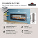 Napoleon CLEARion Elite 60 electric fireplace specifications: 60 in wide, 18-3/8 in tall, 9-3/16 in deep, 130 lbs, heats 400-800 sq ft