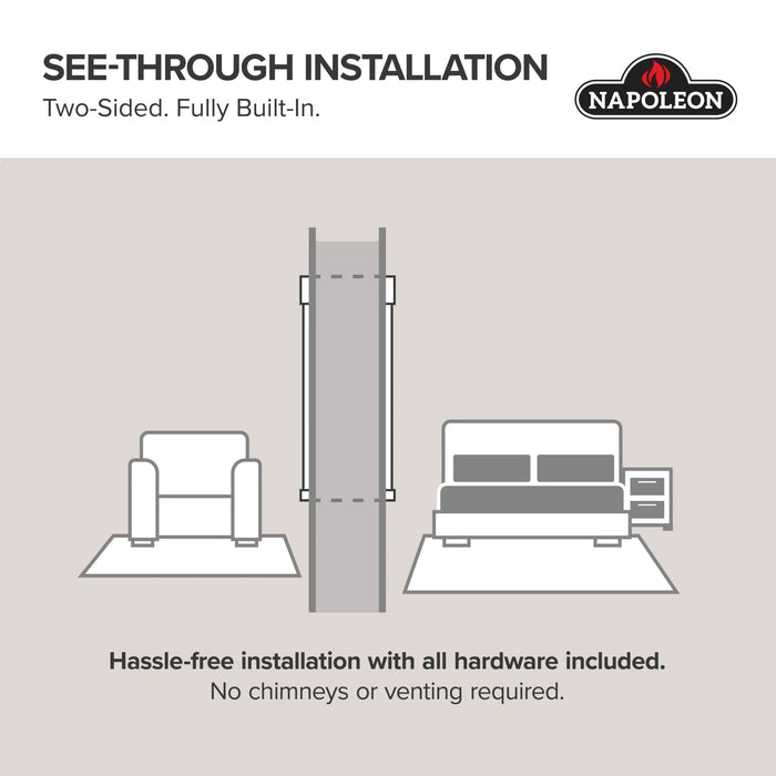 Napoleon CLEARion Elite see-through installation diagram, built into a wall between two rooms, no venting required