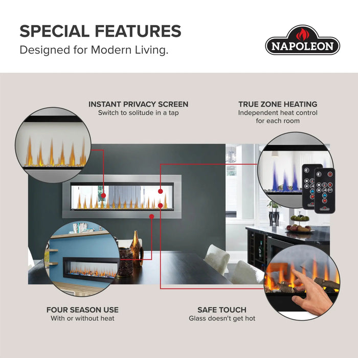 Napoleon CLEARion Elite features: instant privacy screen, true zone heating, four season use, safe touch glass
