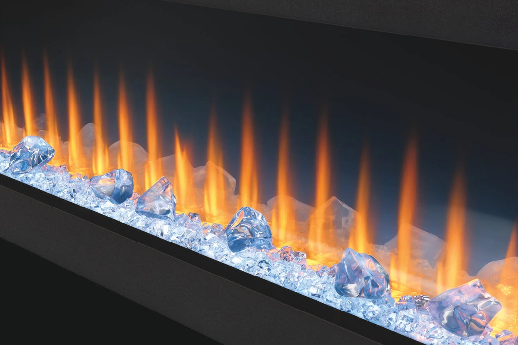 Napoleon CLEARion Elite 60 electric fireplace, angled close-up of orange flame and crystal embers, glass in see-through mode
