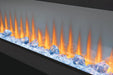 Napoleon CLEARion Elite 60 electric fireplace, angled close-up of orange flame and crystal embers, glass in semi-transparent mode