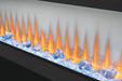 Napoleon CLEARion Elite 60 electric fireplace, angled close-up of orange flame and crystal embers, glass in opaque mode