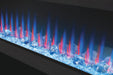 Napoleon CLEARion Elite 60 electric fireplace, angled close-up of multicolor flame and blue ember bed, glass in see-through mode