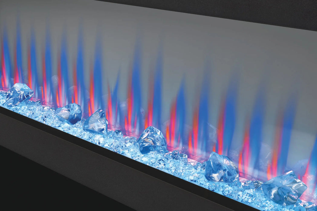 Napoleon CLEARion Elite 60 electric fireplace, angled close-up of multicolor flame and blue ember bed, glass in semi-transparent mode
