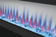 Napoleon CLEARion Elite 60 electric fireplace, angled close-up of multicolor flame and blue ember bed, glass in opaque mode
