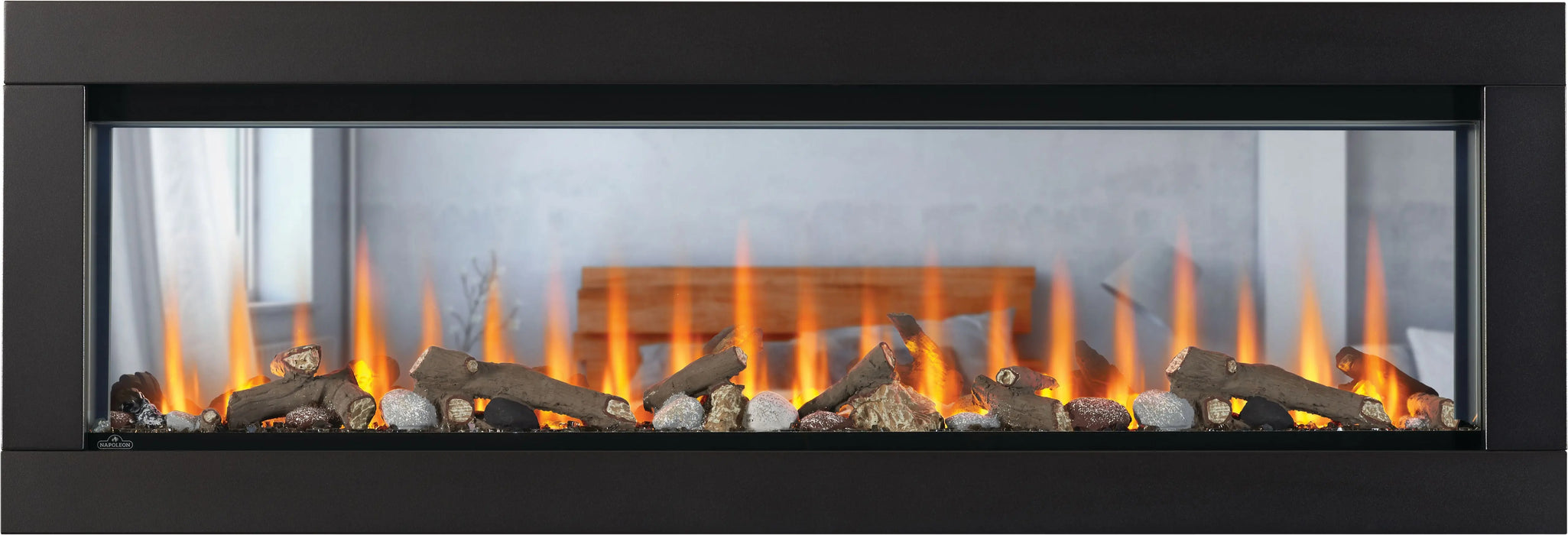 Napoleon CLEARion Elite see-through electric fireplace, front view with logs and orange flame