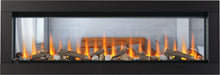 Napoleon CLEARion Elite see-through electric fireplace, front view with logs and orange flame