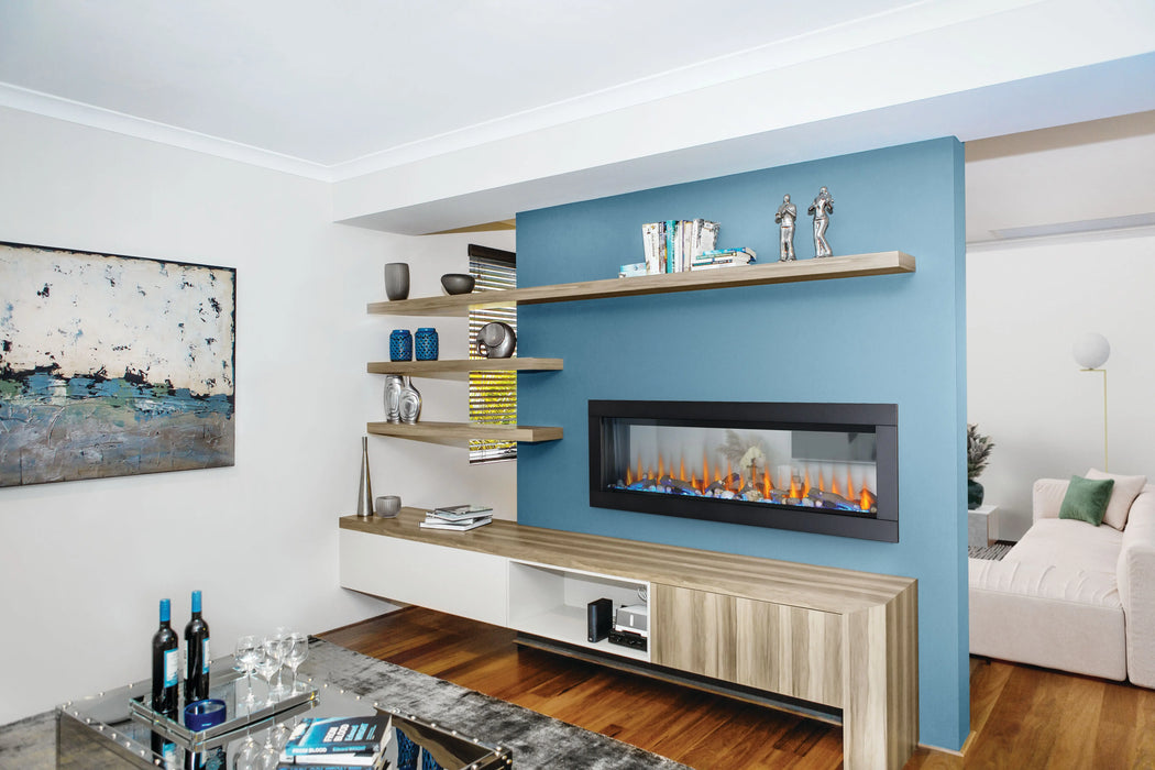 Napoleon CLEARion Elite 60 electric fireplace in a media room, glass in see-through mode