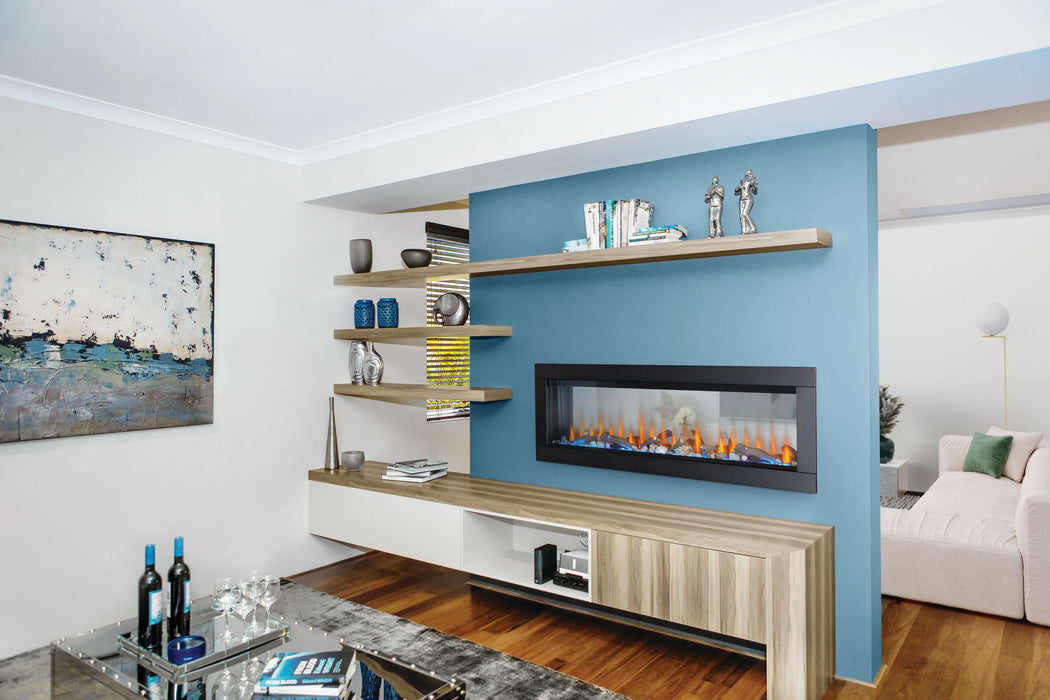 Napoleon CLEARion Elite 60 electric fireplace in a media room, glass in semi-transparent mode