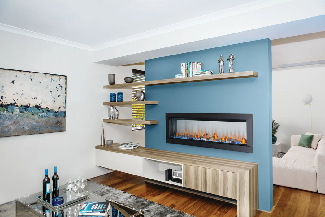 Napoleon CLEARion Elite 60 electric fireplace in a media room, glass in opaque mode