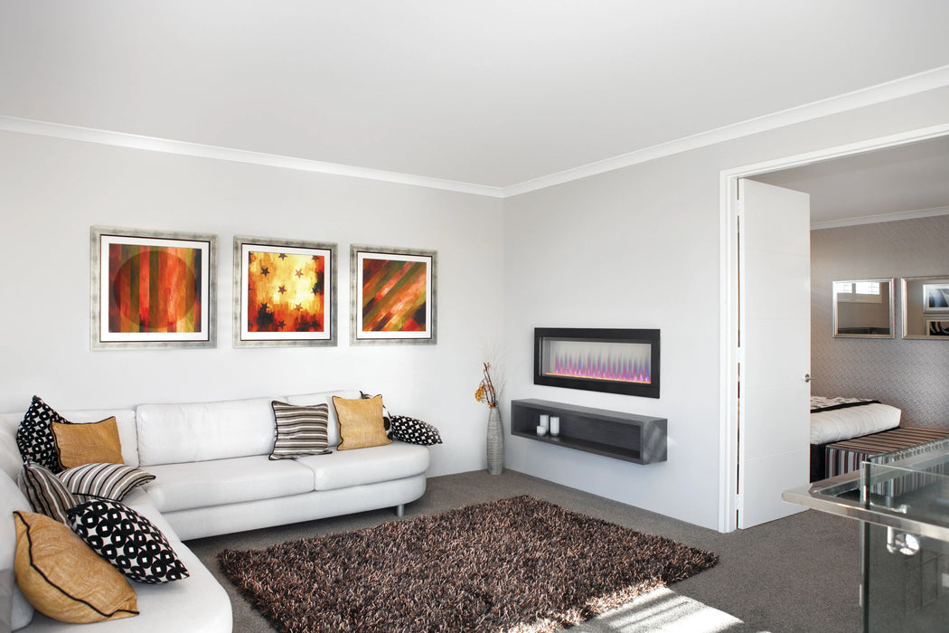 Napoleon CLEARion Elite 60 electric fireplace in a living room, orange-red lighting with multicolor flame