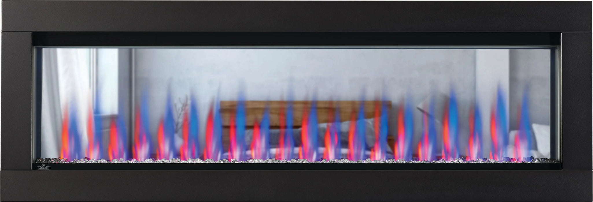 Napoleon CLEARion Elite 60 electric fireplace, front view with crystal embers and multicolor flame