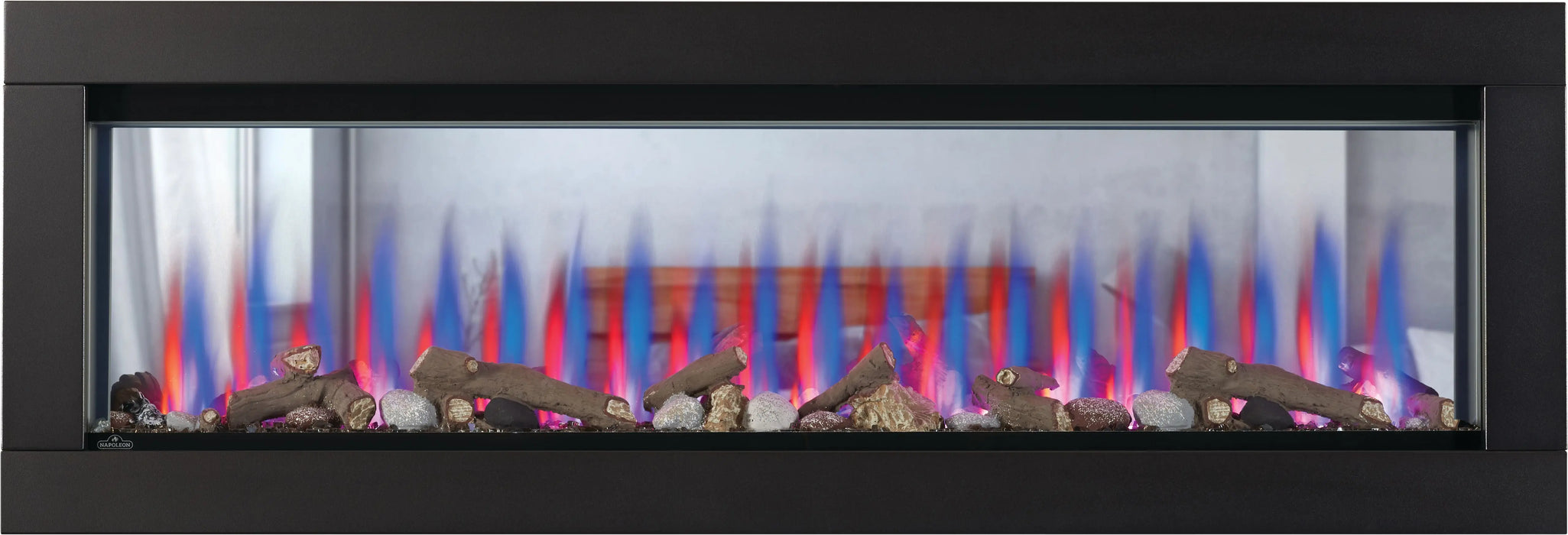 Napoleon CLEARion Elite 60 electric fireplace, front view with logs and multicolor flame