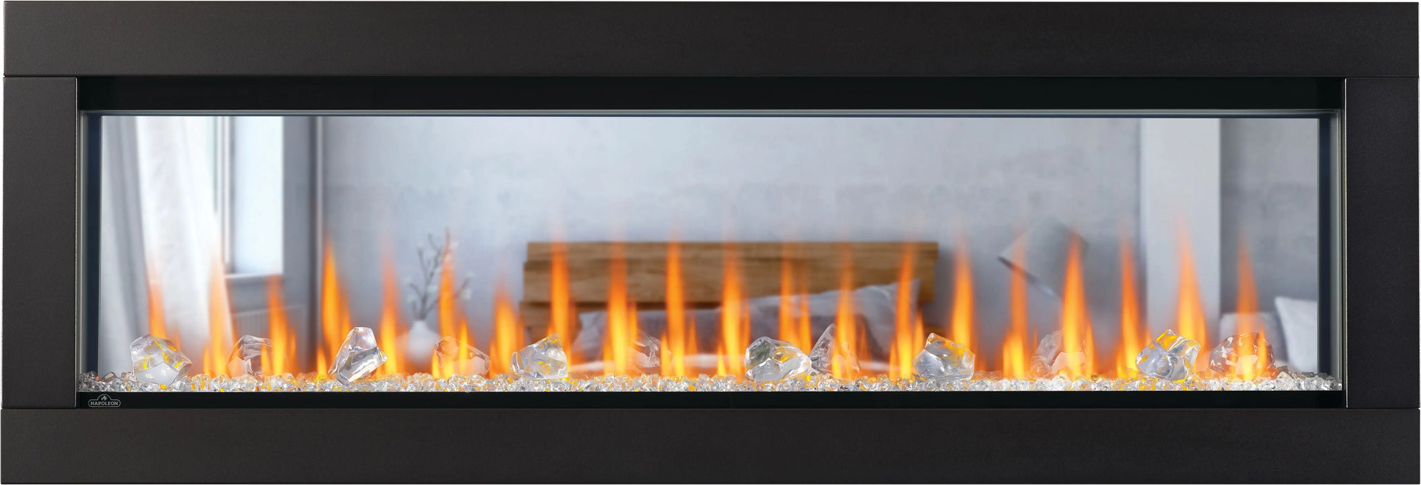 Napoleon CLEARion Elite 60 electric fireplace, front view with large crystal embers and orange flame