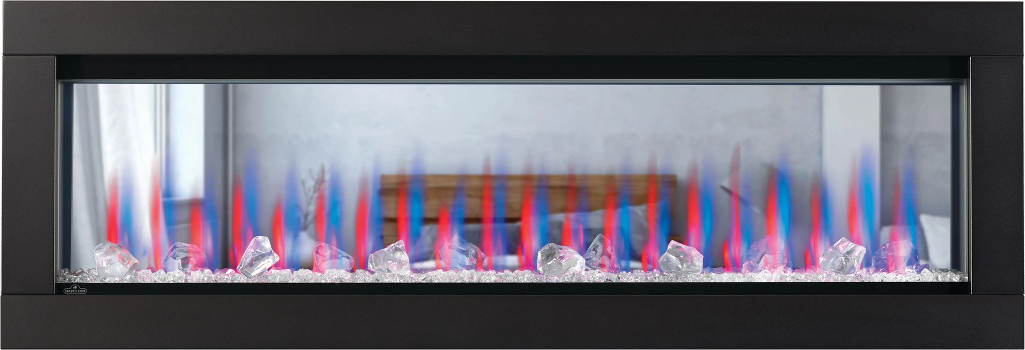 Napoleon CLEARion Elite 60 electric fireplace, front view with large crystal embers and multicolor flame