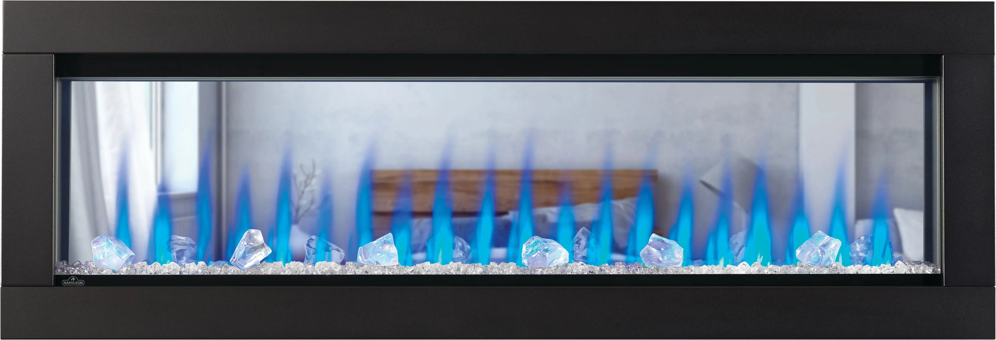 Napoleon CLEARion Elite 60 electric fireplace, front view with large crystal embers and blue flame