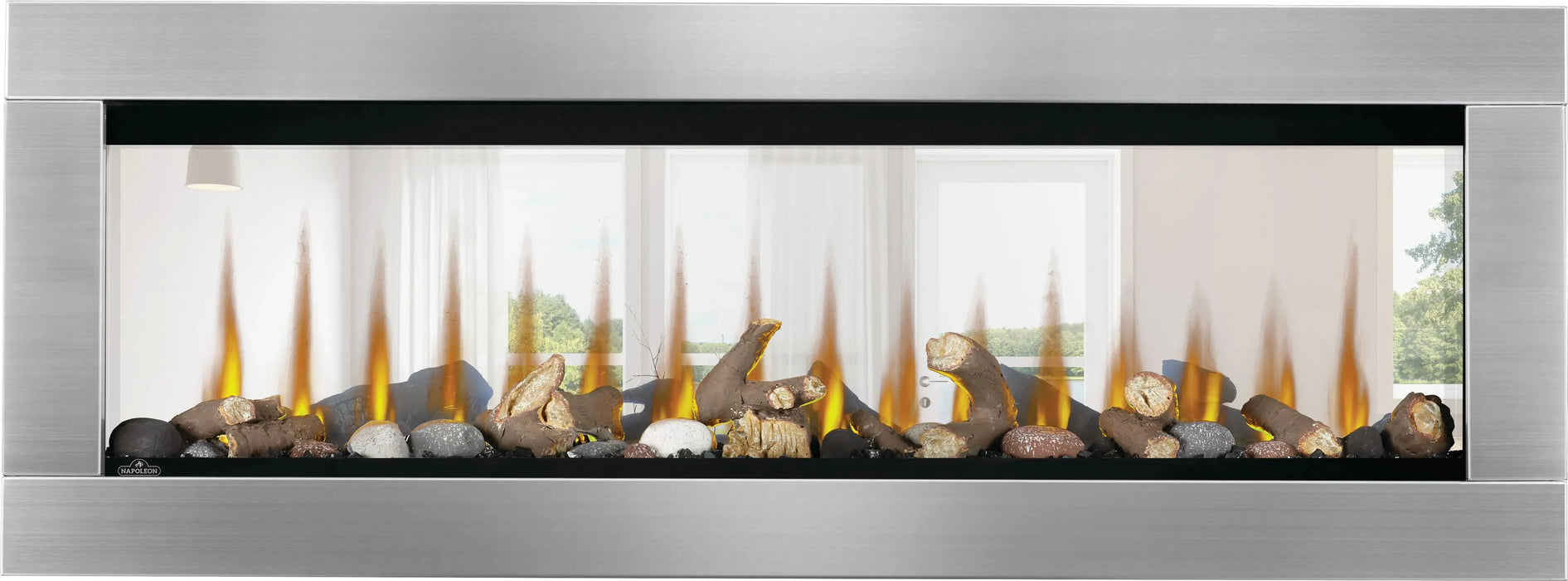 Napoleon CLEARion Elite electric fireplace with stainless steel trim, see-through glass, logs