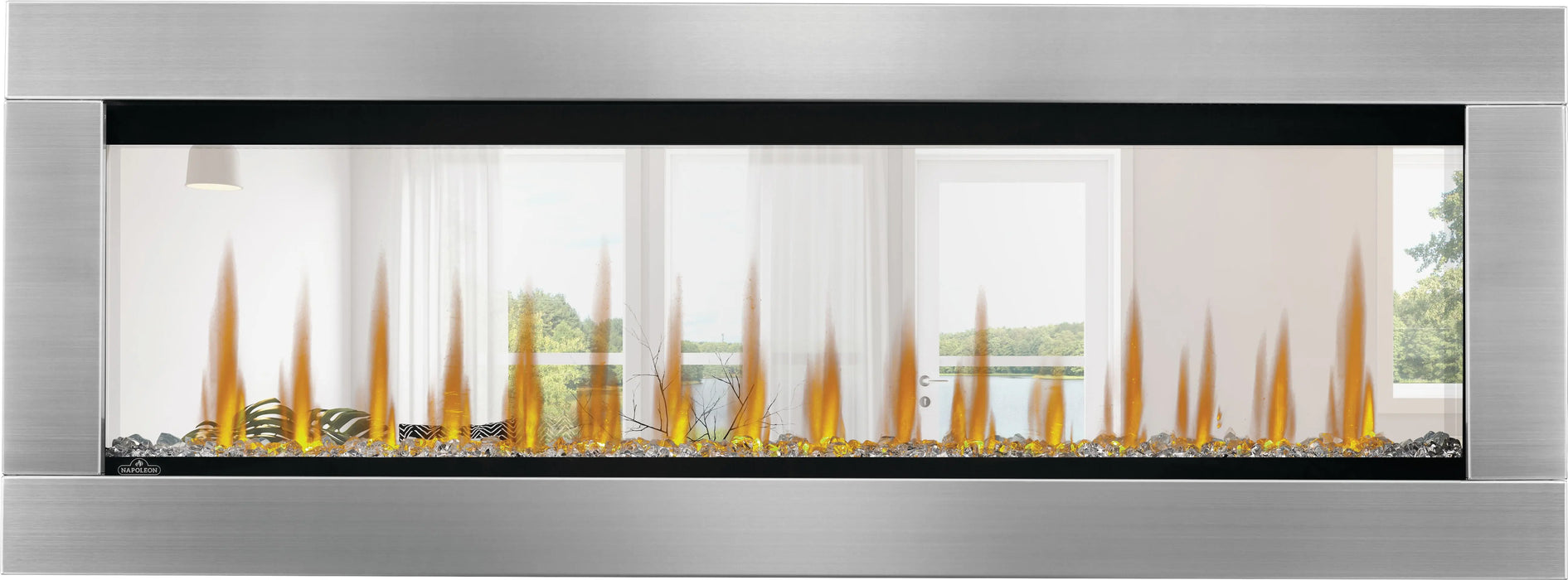 Napoleon CLEARion Elite electric fireplace with stainless steel trim, see-through glass, crystal embers