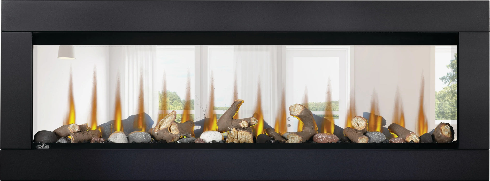 Napoleon CLEARion Elite electric fireplace with black trim, see-through glass, logs