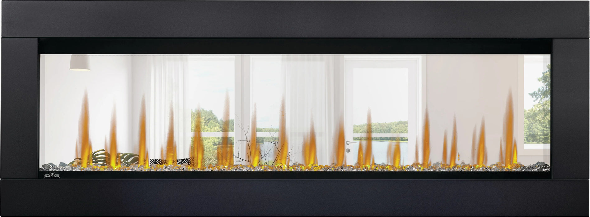 Napoleon CLEARion Elite electric fireplace with black trim, see-through glass, crystal embers