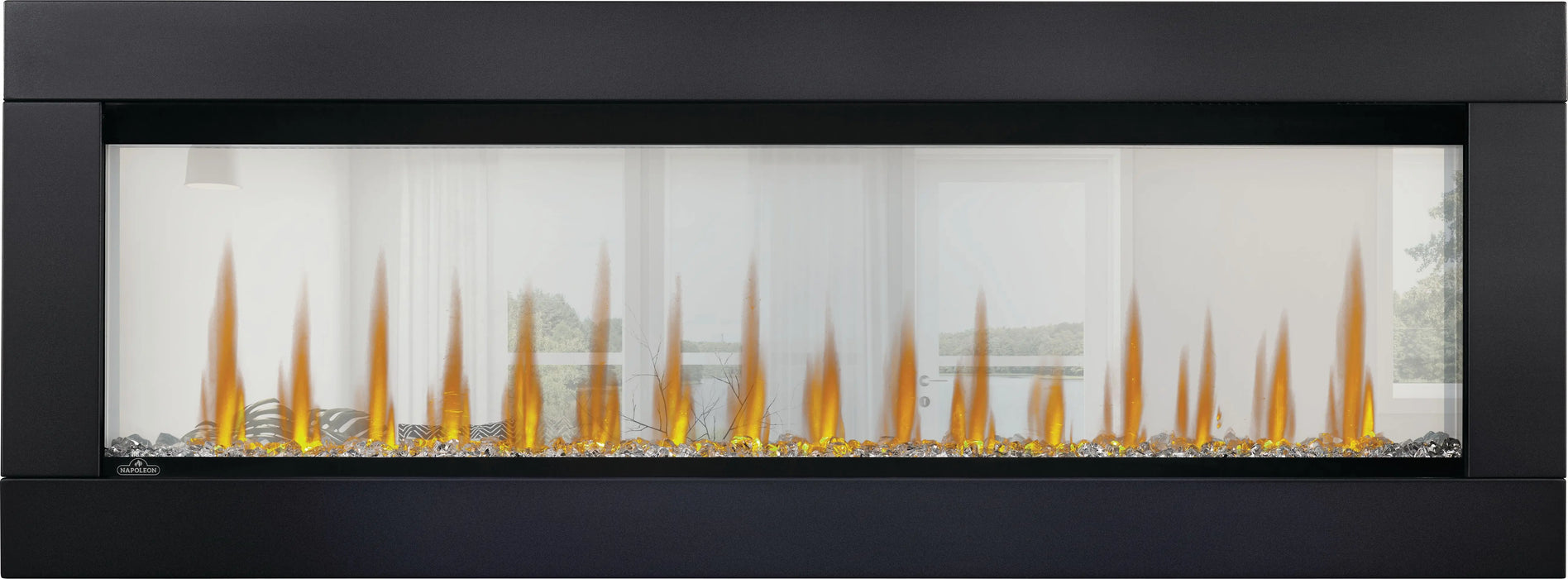 Napoleon CLEARion Elite electric fireplace with black trim, semi-transparent glass, crystal embers