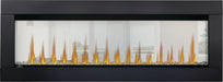 Napoleon CLEARion Elite electric fireplace with black trim, semi-transparent glass, crystal embers