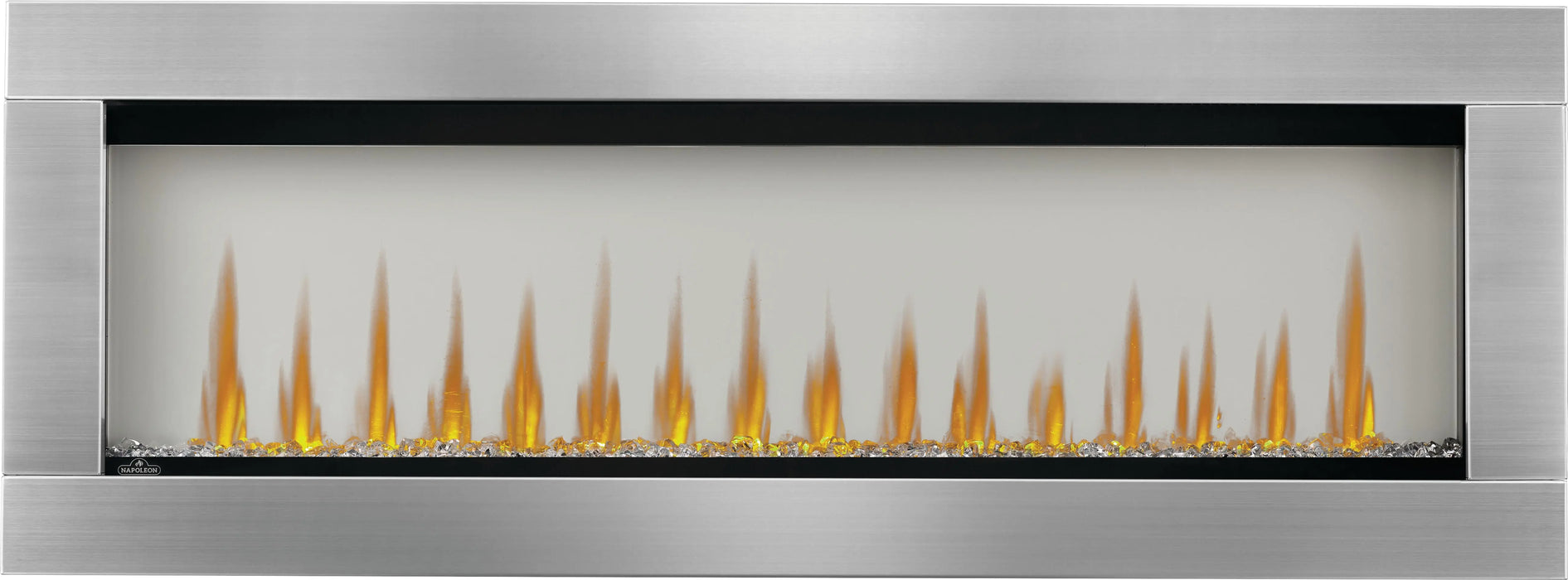 Napoleon CLEARion Elite electric fireplace with stainless steel trim, opaque glass, crystal embers