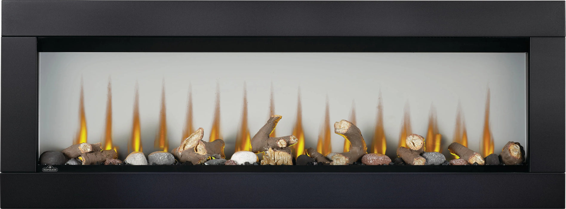 Napoleon CLEARion Elite electric fireplace with black trim, opaque glass, logs