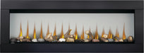 Napoleon CLEARion Elite electric fireplace with black trim, opaque glass, logs