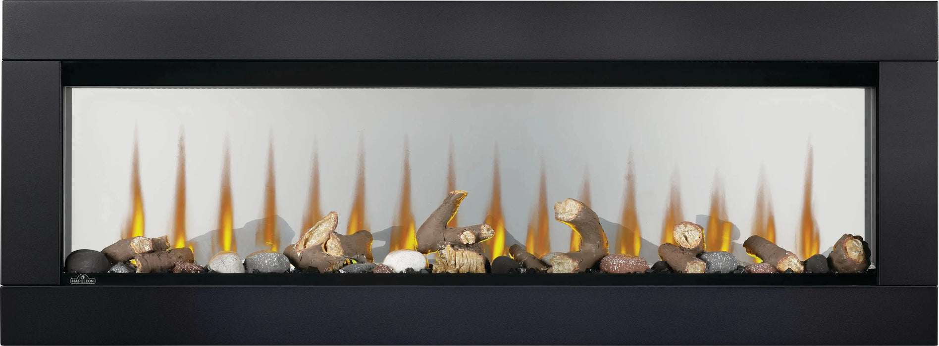 Napoleon CLEARion Elite electric fireplace with black trim, semi-transparent glass, logs