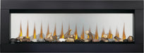 Napoleon CLEARion Elite electric fireplace with black trim, semi-transparent glass, logs